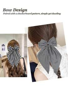 4PCS Big Checkered Bow Hair Clips Small Checkered Large Bow Hair Clips Black White Checkered Pattern Hair Bows For Women Girls Ponytail Long Tail Big Hair Bows Accessories
