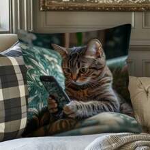 1 pièce Taie d'oreiller avec motif de chat gros tenant un téléphone. Housse de coussin en polyester pour la décoration de la chambre, du salon et du canapé. Accessoires complémentaires collection