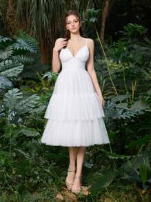 Elasola Polyester Tulle Spaghetti Strap Ruched Bust&Ruffle Trim Layered Tulle Dress Formal Wear For Weddings, Lightweight & Airy Design With Fashion Credentials Summer Dresses Spring Clothes Elegant - White - View 6