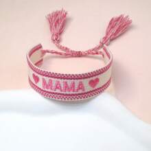 1pc Embroidered MAMA Heart Boho Tasseled Braided Bracelet - Hot Pink - View 4