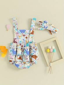 Mono de Pascua para bebés, niños y niñas, sin mangas, con estampado floral de conejito y diadema, conjunto de primavera para recién nacidos, estilo pastoral - Blanco - Ver 4