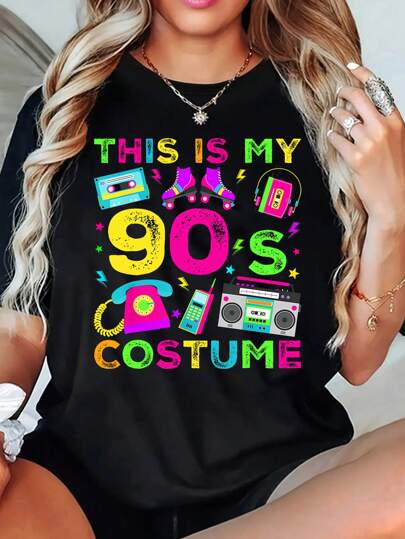 Vintage anos 90 Cassette Player, Telefone, Patins Estampa Camiseta Feminina, Preto Estilo Casual Simples Para Uso Diário