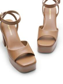 Women Fashion Chunky Platform High Heeled Sandals Open Toe Buckle Decor Ankle Strap Heeled Sandals For Daily Wearing Party Prom - 棕色 - 查看 2