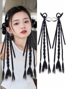 2 件装黑色扭纹辫子带蝴蝶结合成马尾辫接发，Y2K 甜美酷女孩辫子接发