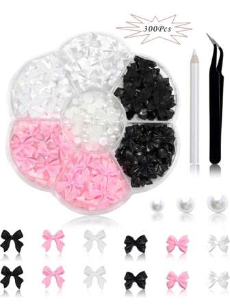 300 件蝴蝶结指甲饰和平背珍珠，黑白粉色蝴蝶结 3D 可爱指甲饰适用于亚克力指甲用品设计，白色半珍珠适用于指甲首饰 DIY 工艺品美甲装饰配件指甲美甲宝石