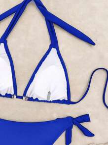 2pcs Women's Ocean Themed Decorative Sexy Casual Bikini Set, Spaghetti Strap Solid Color Swimwear Suitable For Beach And Swimming Pool Vacation Summer - Blue - View 7