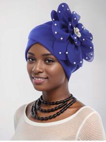 1 件女士欧美时尚优雅侧面仿珍珠大花头巾帽，波西米亚风格沙滩帽 - 太空層大花 - 查看 4