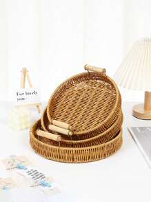 1pc Handwoven Imitation Rattan Fruit Basket, Bread Basket, Bun Basket, Home Decor Storage Basket With Dual Handles, Suitable For Kitchen And Living Room