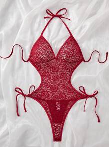 女士花朵蕾丝吊带露背吊带性感连体裤 - 酒紅色 - 查看 1