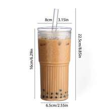 1pc Milk Tea/Cold Drink Glass Cup With Straws, Minimalist Vertical Stripe Water Cup, High-End Appearance Coffee Cup Suitable For Restaurant, Bar, Home, Holiday Party, Glass Jar, Transparent Pearl Milk Tea Cup, Fruit Juice Beer Cup, Milk Mocha Cup, Breakfast Cup