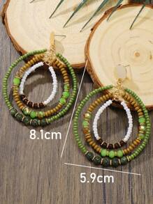 BOCAR 1 Pair Bohemian Olive Green Crystal & Wooden Bead Mixed 3-Layer Hoop Earrings, Suitable For Women Everyday Wear