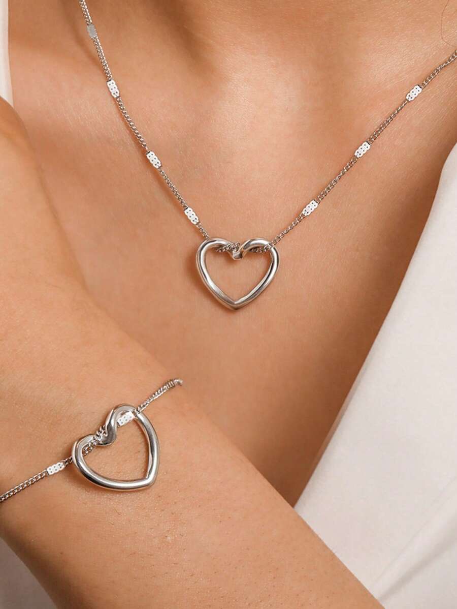 1 Set de Collar y Pulsera Minimalista con Colgante de Corazón Hueco, de Acero Inoxidable con Chapado en Oro de 18K, Diseño Europeo y Americano Sencillo