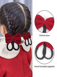 Cute Princess Children Red Bow Synthetic Wig Twist Braid Hairpin Headdress Holiday Baby Wig