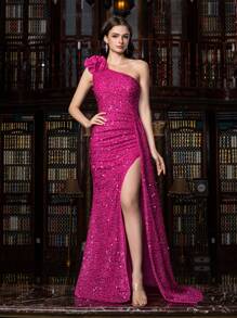 Elisanya FAERIESTY Elegant One-Shoulder Sequined Evening Gown With High Slit – Glamorous Shimmering Silhouette For Academic Galas, Charity Events & Literary Banquets In Luxurious Settings - Hot Pink - View 4