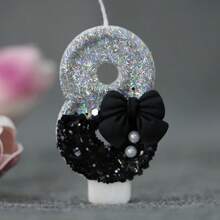 1 Pc Girl Style Black Collar Bow Pearl Theme Glitter Creative Number 0-9 Candles For Birthday Party Cake Decoration Atmospheric Feeling Birthday Baking Plug-In Decoration Suitable For Girls, Goddess,Princess Female Party Birthday Wedding Anniversary Celebration Supplies Gifts Graduation