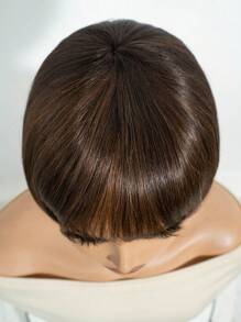 真人发钢琴棕色鲍勃假发，带刘海，直发，雷米头发，精灵剪发，女士日常使用无胶无蕾丝假发，佩戴方便，全机织假发 - 棕色 - 查看 6