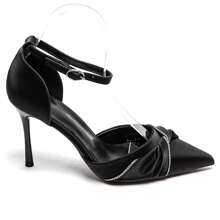 Peep Toe High Heel Shoes With Ankle Strap And Ruffle Details, Embellished With Rhinestones - Black - View 5