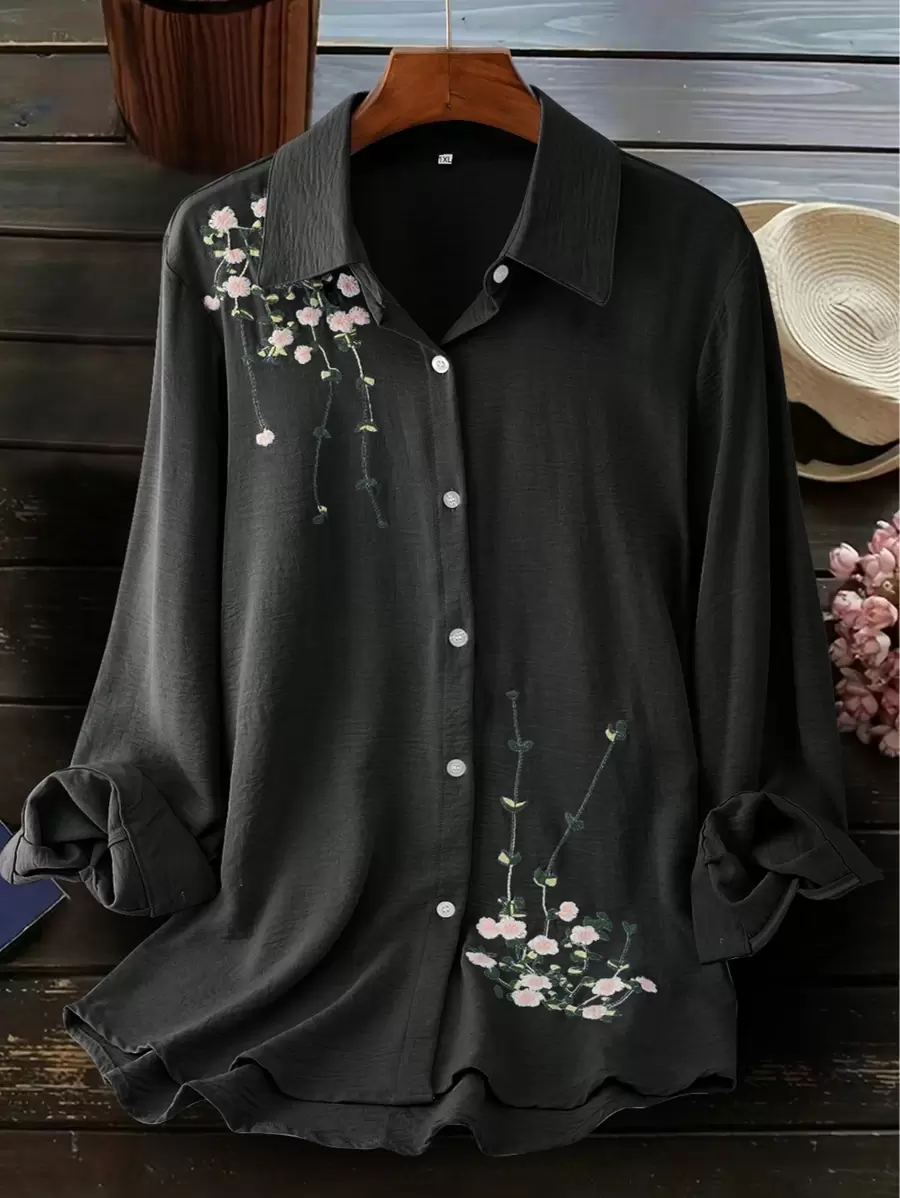 Plus Size Women Fashion Casual Embroidered Blouse Black Vacation Spring - Black - View 1