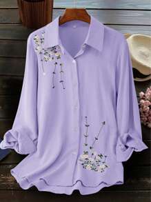 Plus Size Women Fashion Casual Embroidered Blouse Spring Vacation - Purple - View 1