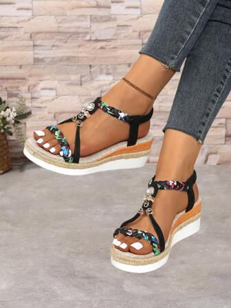Sandalias de plataforma con rhinestones para mujer, sandalias de verano de moda elegantes con punta abierta, suela gruesa antideslizante