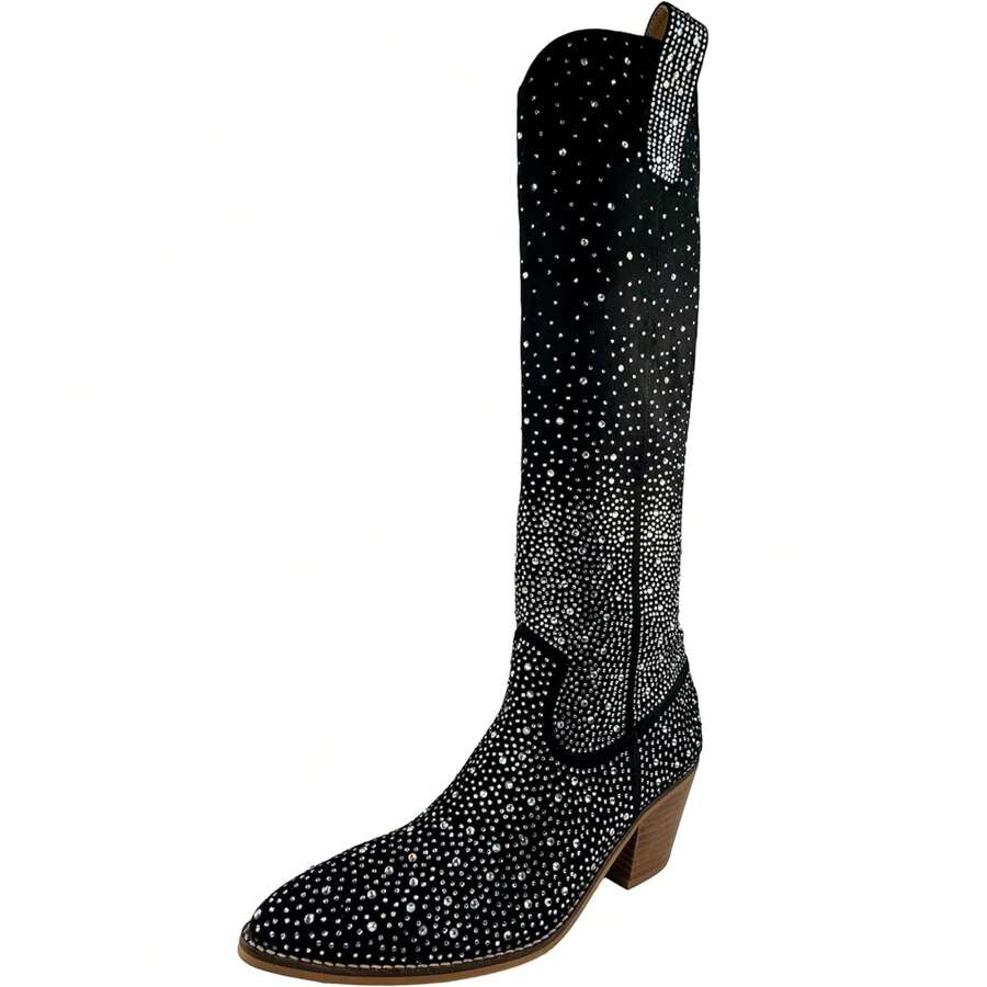 ARiderGirl Shine Women's Western Cowboy Knee High Booties Rhinestone Embellished Almond Toe Side Zipper Stacked Heel Boots - Suede Black Silver - 查看 1
