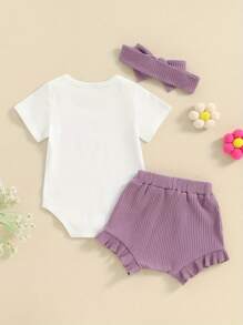 Baby Girls Shorts Set, Short Sleeve Letters Print Romper Elastic Waist Shorts With Hairband Summer Outfit - Purple - View 3