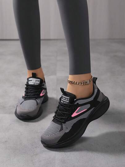 秋冬女士透气针织厚底运动鞋，休闲系带户外鞋，舒适低帮鞋