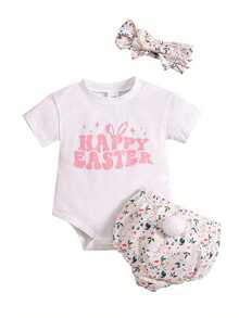 Conjunto de verano para niña: mono de manga corta con estampado de letras, pantalones cortos con estampado floral y cintura elástica, diadema con lazo, conjunto de 3 piezas estilo pastoral para Pascua. - Blanco - Ver 1