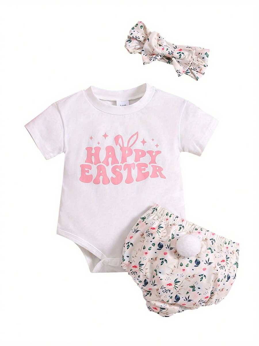 Conjunto de verano para niña: mono de manga corta con estampado de letras, pantalones cortos con estampado floral y cintura elástica, diadema con lazo, conjunto de 3 piezas estilo pastoral para Pascua. - Blanco - Ver 1
