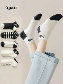 3pcs/5pcs Women Striped & Letter Print Short Socks, Thin Casual Ankle Socks, Korean/Japanese Style