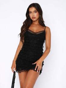 Elegant Lace Patchwork Tiered Design Mini Slip Dress, Suitable For Party, Dating, Spring/Summer