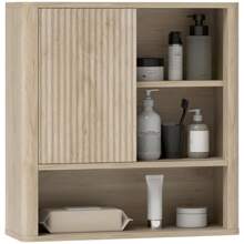 HOMCOM Armario de Baño de Pared Mueble de Baño Colgar con Estantes Ajustables Puerta Corredera Compartimentos y Diseño con Perfil Curvo 60x20x62 cm Natural - 60x20x62 cm - Ver 2