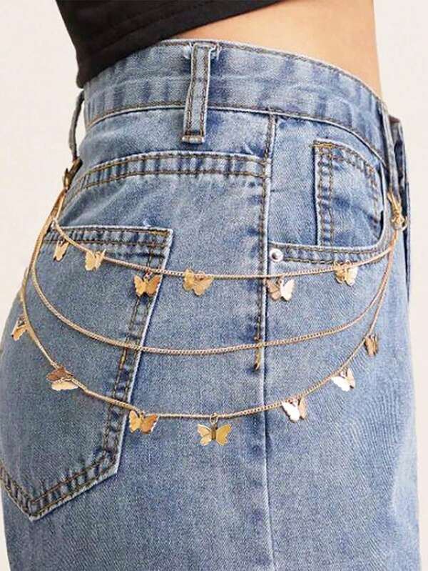 1pc Fashion Multi-Layer Butterfly Pendant Alloy Waist Chain, Versatile Charm Waist Belt For Girls