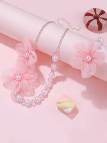 2pcs/Set Handmade Pink Chiffon Flower Pearl Beaded Bracelet & Necklace Set, Suitable For Daily Wear, Kid's Jewelry