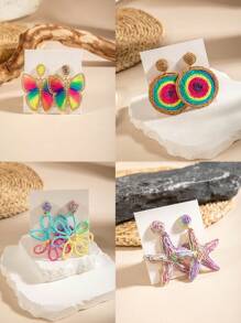 1 Pair Bohemian Style Alloy Rattan Woven Earrings With Butterfly, Starfish & Floral Geometric Pattern, Versatile Design For Beach Party Gift, Summer (Earring Post Color Random)