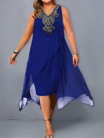 Women's Summer V Neck Midi Asymmetrical Embroidery Embellished Plus Size Dress Elegant Blue Evening Wedding Party Dress Curve Dress 3XL 4XL 5XL, For Cocktail