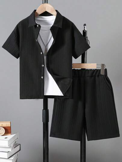 Boys' Casual Lightweight Breathable Solid Color Wavy Texture Shirt Collar Short Sleeve Shirt And Shorts Set, Spring/Summer