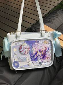 Nova bolsa transparente estilo japonês com fita, bolsa transparente grande com alça de ombro, feminina (cartão e crachá são apenas para referência, não incluídos)
