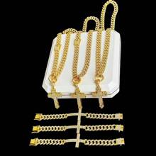 Juego de collar, pulsera, colgante de cruz y anillo con incrustaciones de cristal tipo cubana, diseño clásico de broche de barba chapado en oro, incrustación de strass de 13 mm, estilo de moda callejera de hip-hop, disponible en colores oro y platino, múltiples tallas