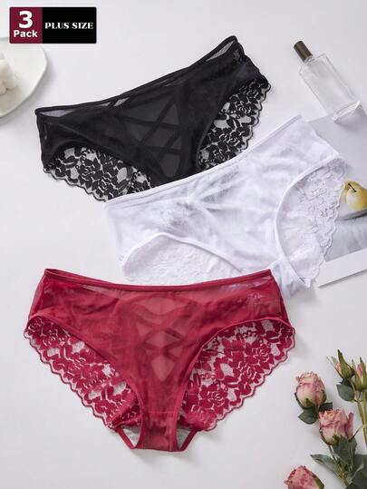 FOVTY 3 pezzi Biancheria intima sexy a fascia di taglia grande per donna, slip in pizzo traforato - comodi e elastici