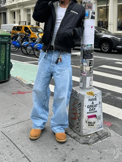 Men's Light Blue Washed Vintage Street Style Loose Fit Straight Leg Jeans, Emo Style