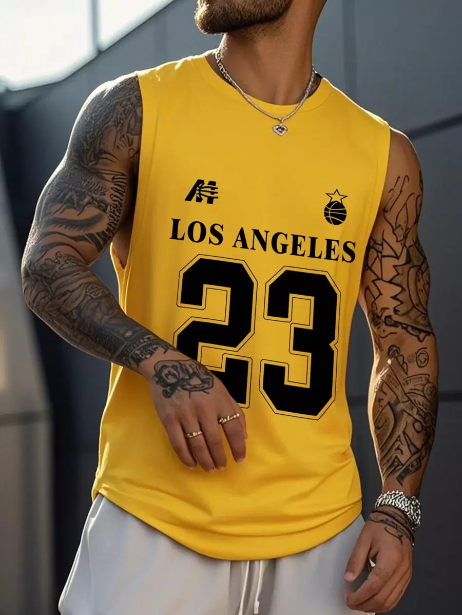 Men's Round Neck Sleeveless Letter Print Casual Tank Top, Everyday Wear - Yellow - View 1