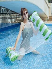 1pc Inflatable Float Bed, Foldable Backrest Pool Float Bed, Multifunctional Lounge Chair & Hammock - Green Stripes - View 4