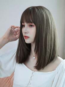 Peruca com franja, cabelo liso, 18 polegadas, marrom natural, para mulheres