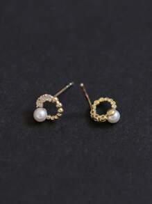 1 Pair Vintage S925 Sterling Silver Zirconia Pearl Round Stud Earrings For Women, Daily Wear Jewelry, Holiday/Birthday Gift - Round - View 2