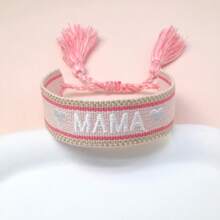 1pc Embroidered "MAMA" Heart Boho Tassel Woven Bracelet - Pink - View 2