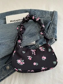 1 pieza Bolso de hombro de estilo casual y fashionable con cierre de cremallera, estampado floral en nailon negro, adecuado para uso diario de mujeres - Negro - Ver 8