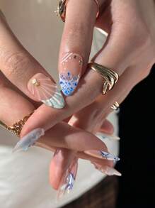 10 piezas de uñas de forma de almendra francesa presionadas a mano, con estilo de mundo submarino: flores de concha, flores pintadas a mano en azul, gotas de agua 3D, diamantes en forma de estrella de mar, hechas a mano, removibles y reutilizables, adecuadas para niñas y mujeres para uso diario, festivales, bodas, decoraciones de uñas para fiestas, con pegamento de gelatina y lima de uñas