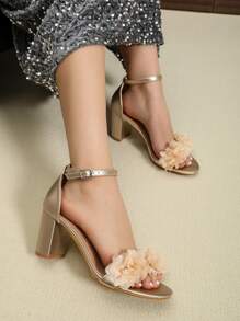 Women's Elegant Handmade Ruffle Decor Closed Toe Chunky High Heel Sandals - Khaki - View 6