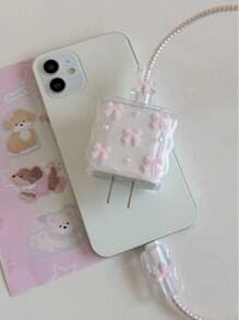 5pcs Light Pink Bow & White Pearl Design Charger Protector Set, 20W/18W Charger, Cable Protector, Charging Head Cover, Compatible With Apple Charger - Pink Butterfly - View 4